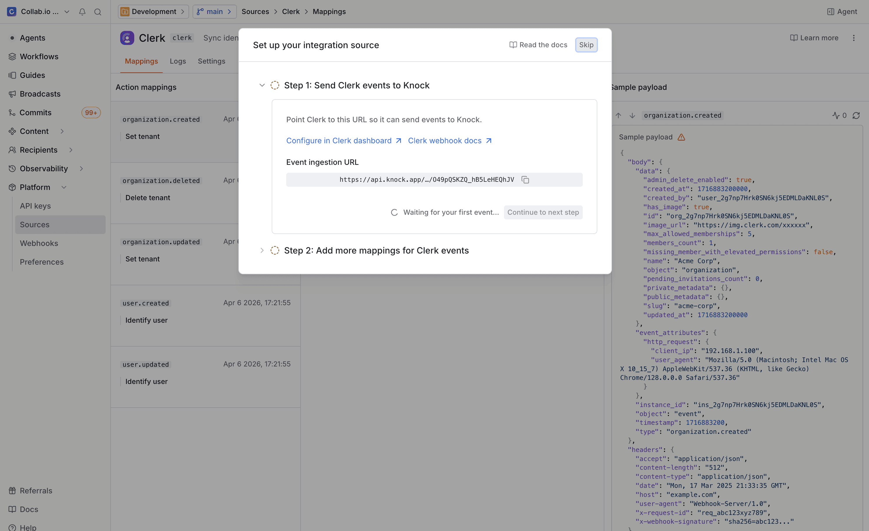 The Clerk source setup wizard showing the webhook URL to copy