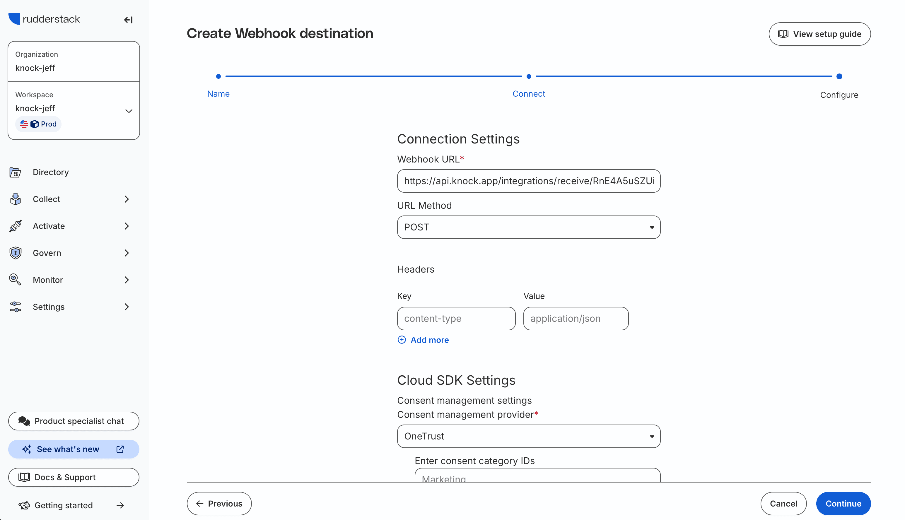 The RudderStack Configure step showing the Knock webhook URL and POST method