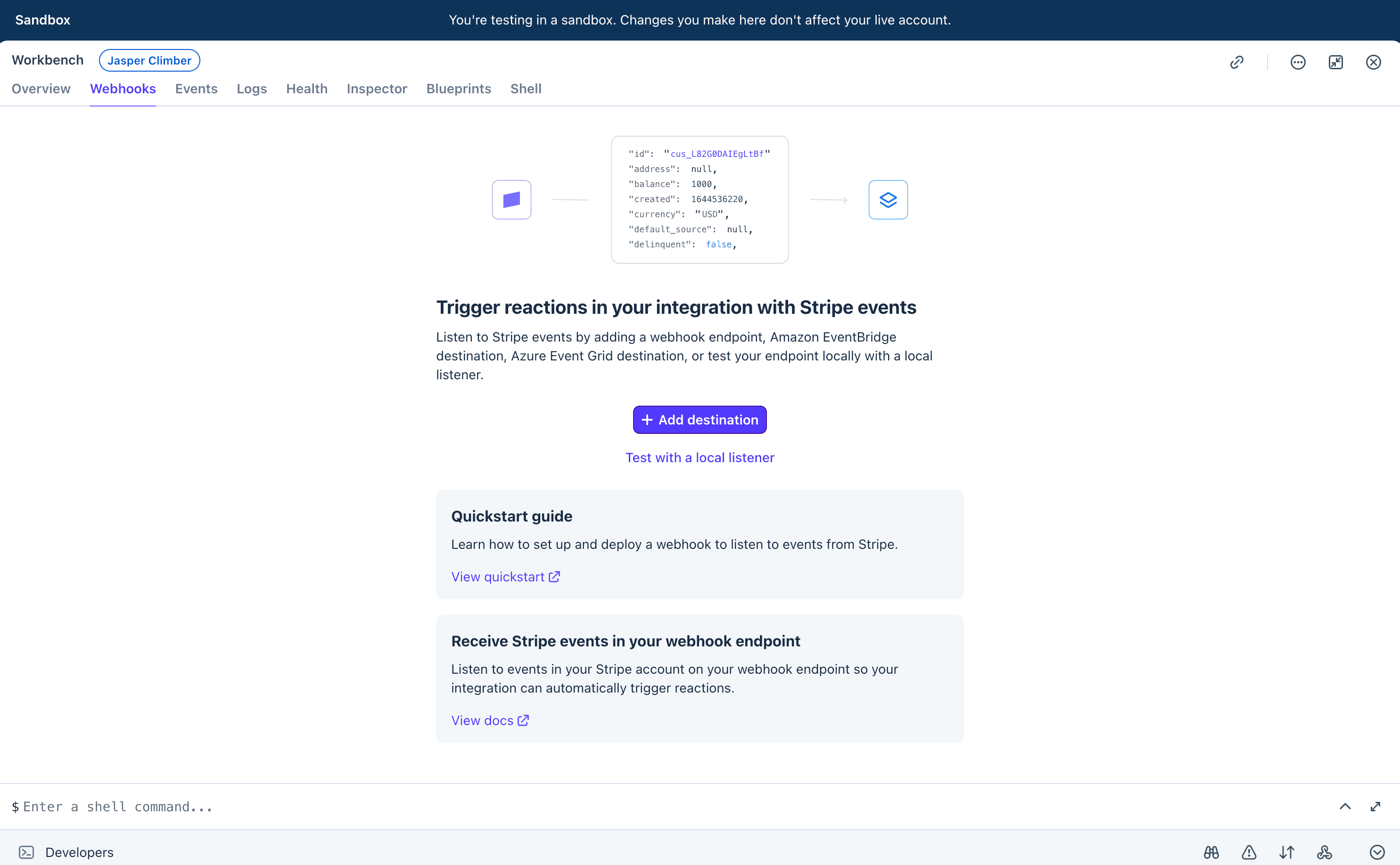 The Stripe Workbench Webhooks page with the Add destination button